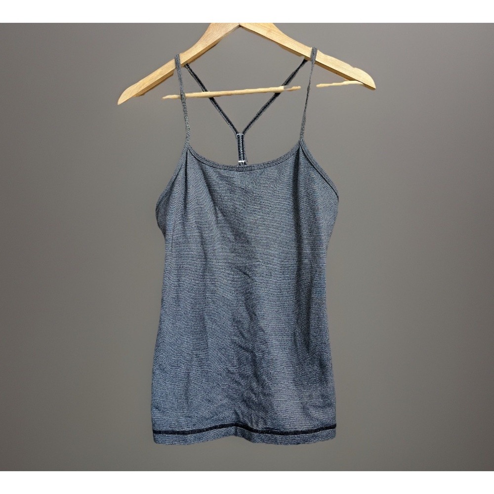 Lululemon Tank Top Women Gray Striped Power Y Built In Bra Yoga Athletic No Pads